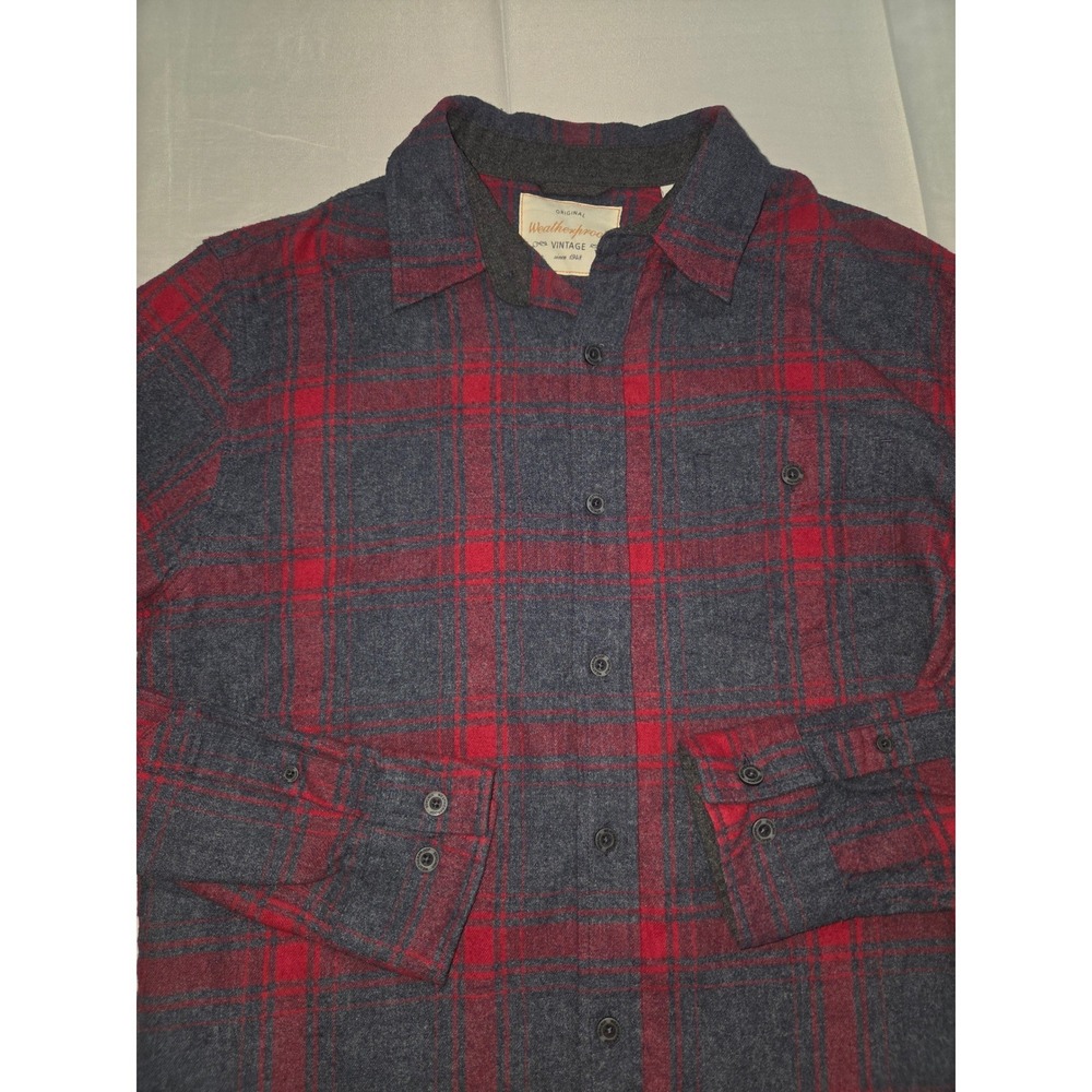 Weatherproof Vintage Mens Medium Red Charcoal Plaid Flannel Button Down Shirt